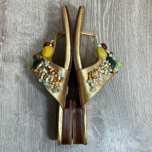 Bridget Shuster Gold Leather Thong Slip On Sandals Beaded Natural Stones 6.5 - Picture 11 of 15